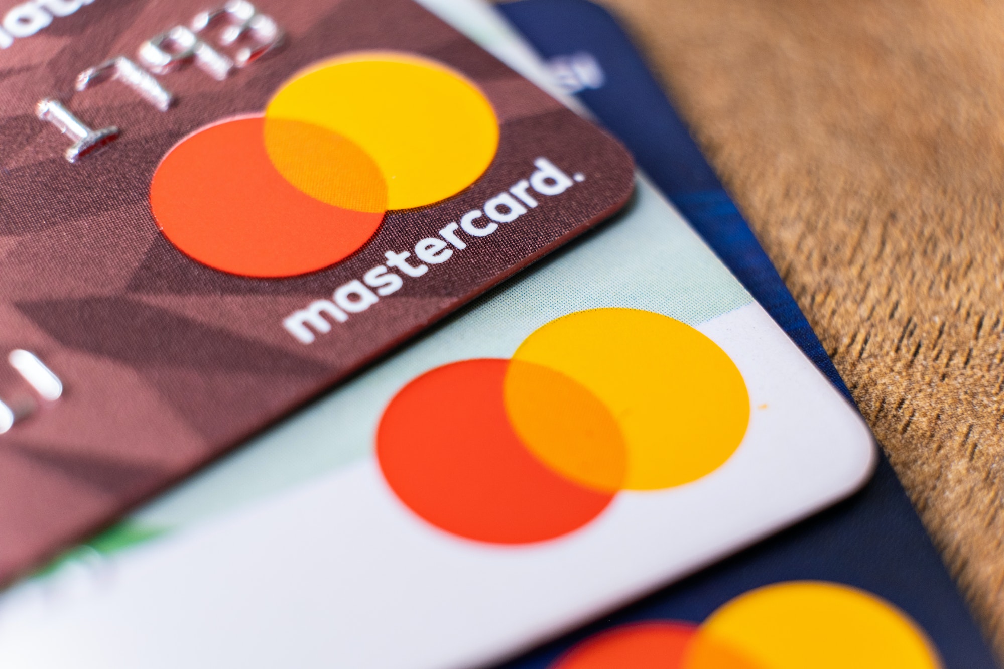 Mastercard plastic electronic credit cards macro close up. ISTANBUL, TURKEY - February 2022